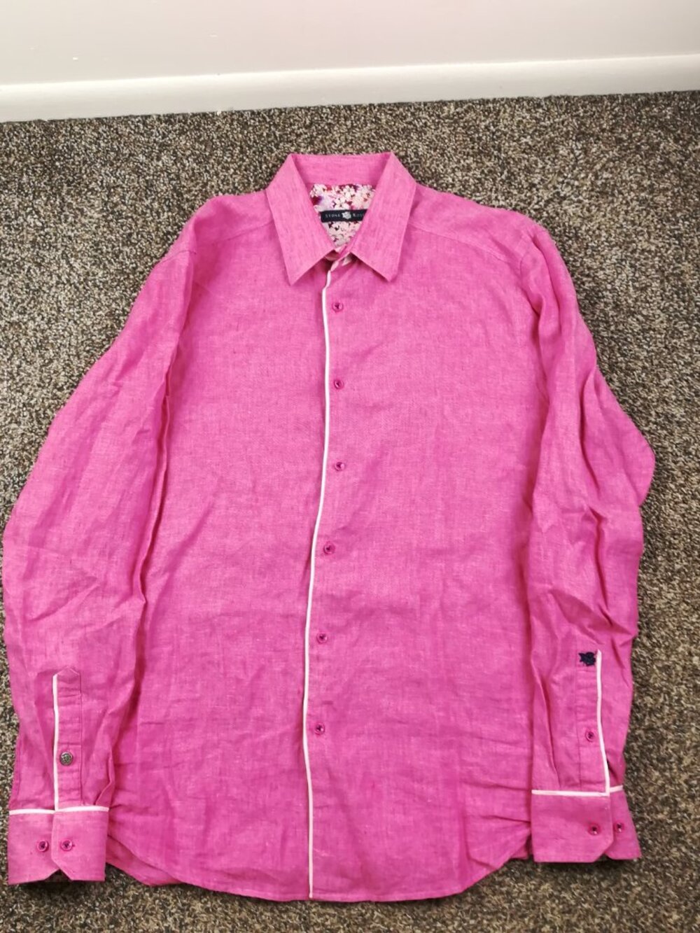 Stone Rose Shirt Linen Floral Flip Cuff L/S Button Up Pink Mens 3 (Medium) - Picture 2 of 11
